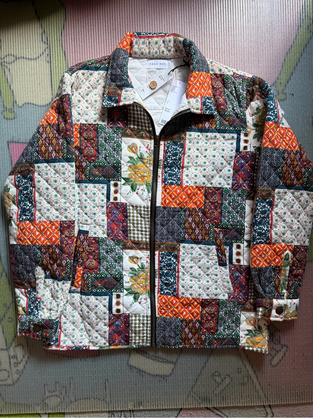 RAGA MAN Patchwork Quilted Jacket in Multicolor Floral & Geometric. DSWT.